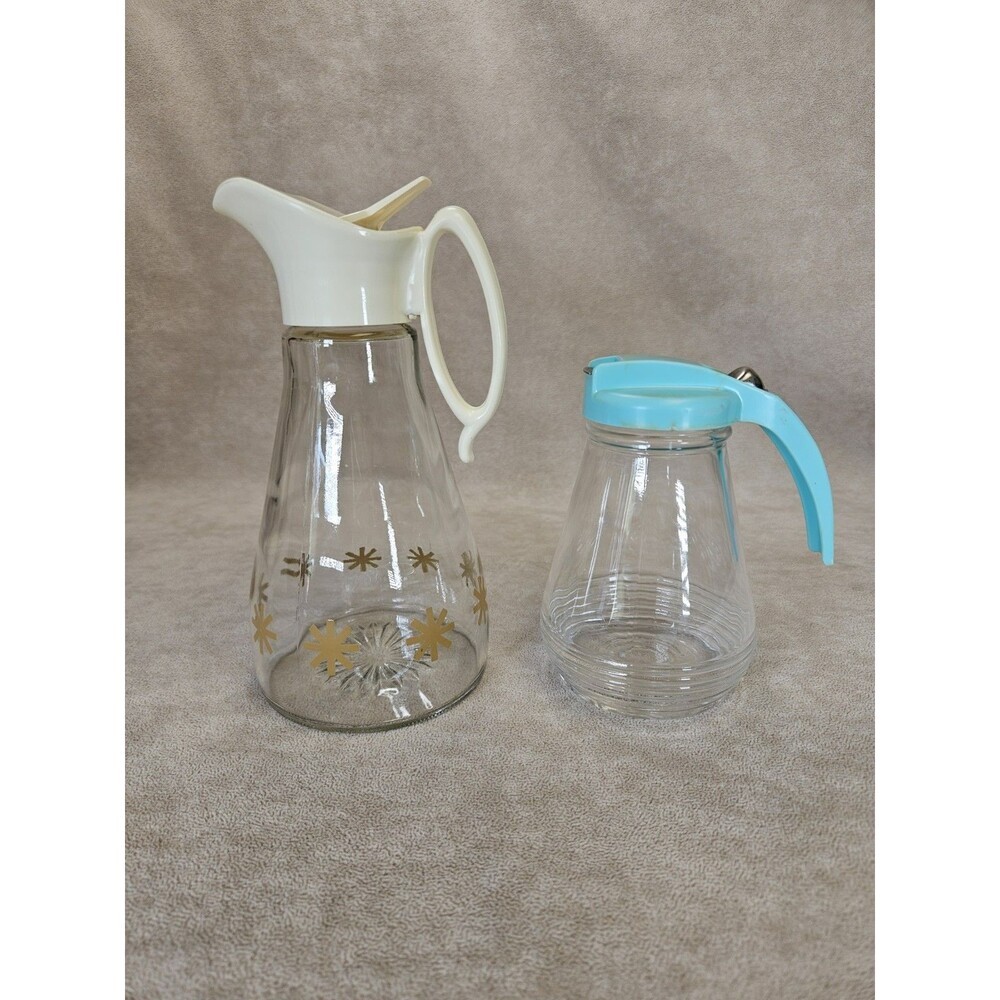 VTG MCM Log Cabin Syrup Pitcher Gold Starburst Glass Teal Top Syrup Dispenser